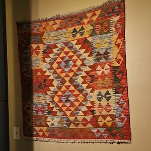 Handwoven Kilim Wall Rug - Multi Color Geometric/Aztec Southwestern Pattern